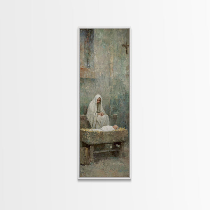 Mary’s Gentle Watch – Framed Canvas Print – Christian Art Canvas – Christian Wall Art – Christmas Art – Narrow Art