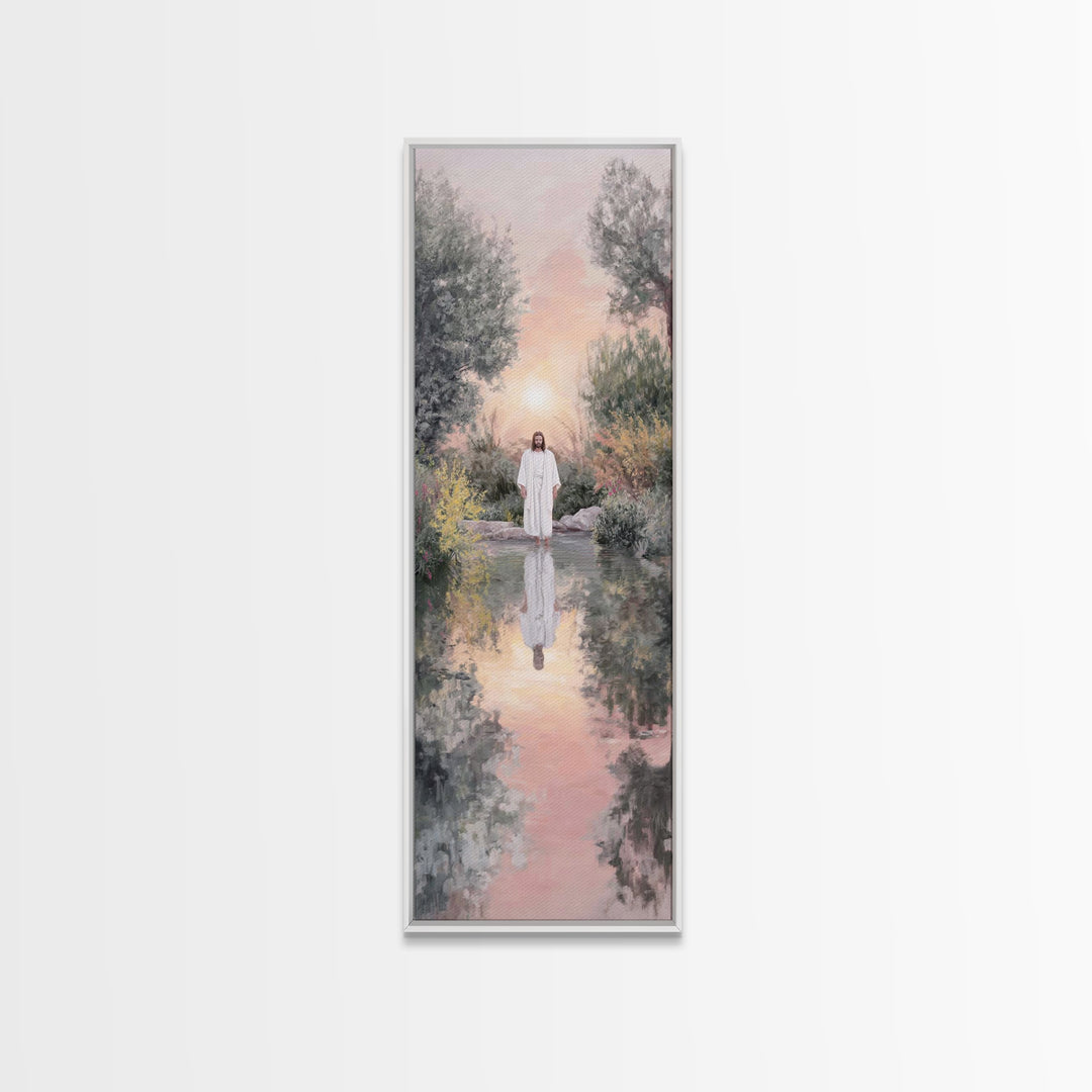 Dawn River Grace | Framed Canvas Print | Christian Art Canvas | Jesus Painting | Tall Skinny Art Print | Christian Wall Art | Modern Christ