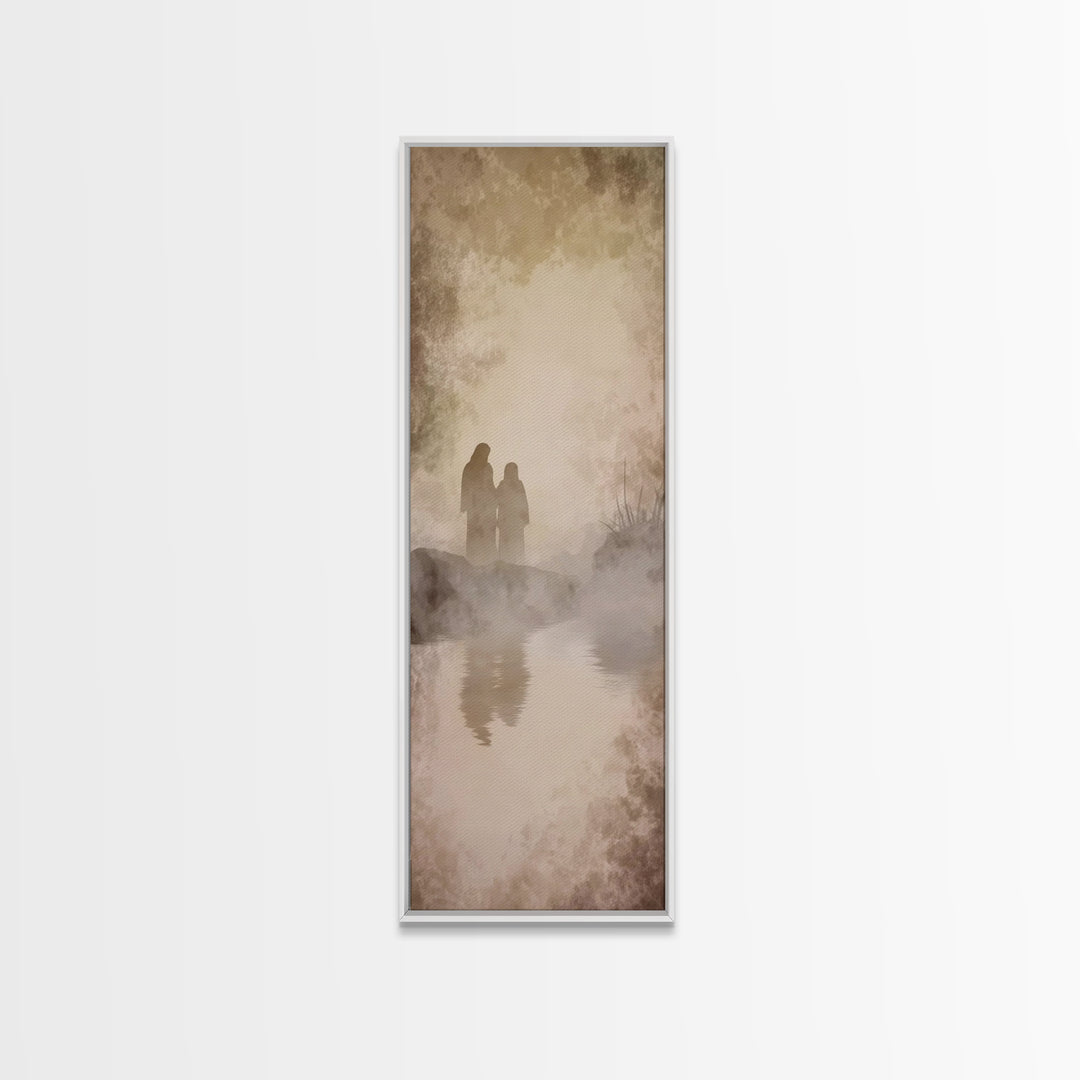 Quiet Morning Walk, Framed Canvas Print, Christian Art Print, Jesus Painting Canvas, Narrow Art, Christian Decor, Minimalist Christian Art,