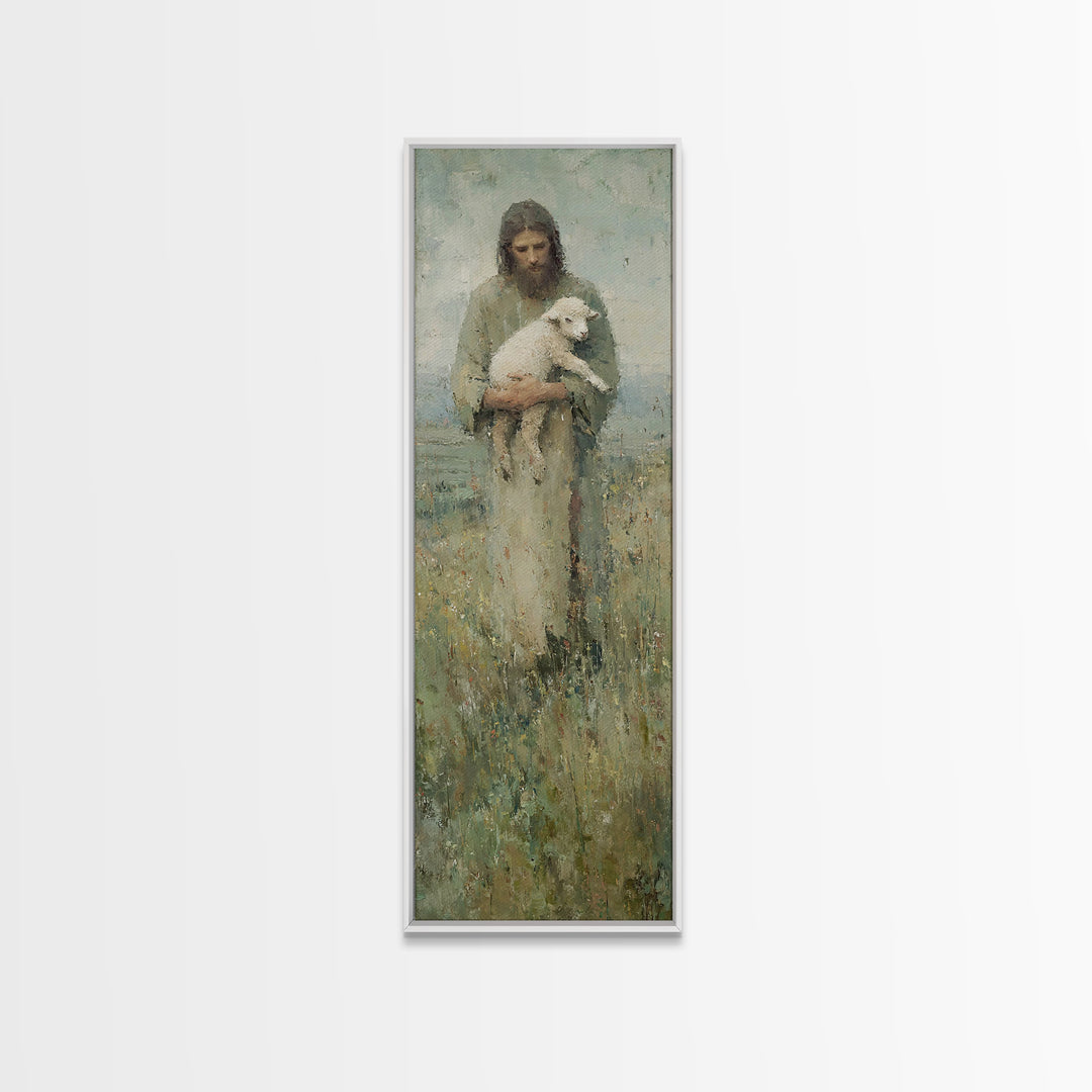 Shepherd’s Embrace, Framed Canvas Print, Jesus Painting, Christian Wall Art, Tall Narrow Wall Art, Christian Art Canvas, Christian Gift, Vi
