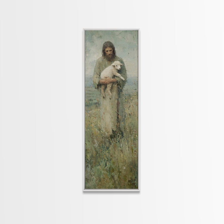 Shepherd’s Embrace, Framed Canvas Print, Jesus Painting, Christian Wall Art, Tall Narrow Wall Art, Christian Art Canvas, Christian Gift, Vi