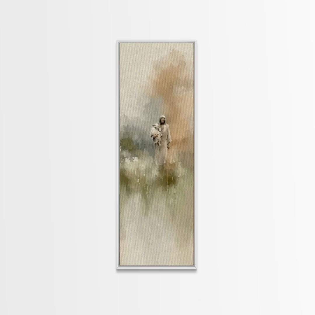 Gentle Shepherd | Framed Canvas Print | Christian Art Canvas | Tall Skinny Art Print | Christian Wall Art | Minimalist Christian Art | Jesu