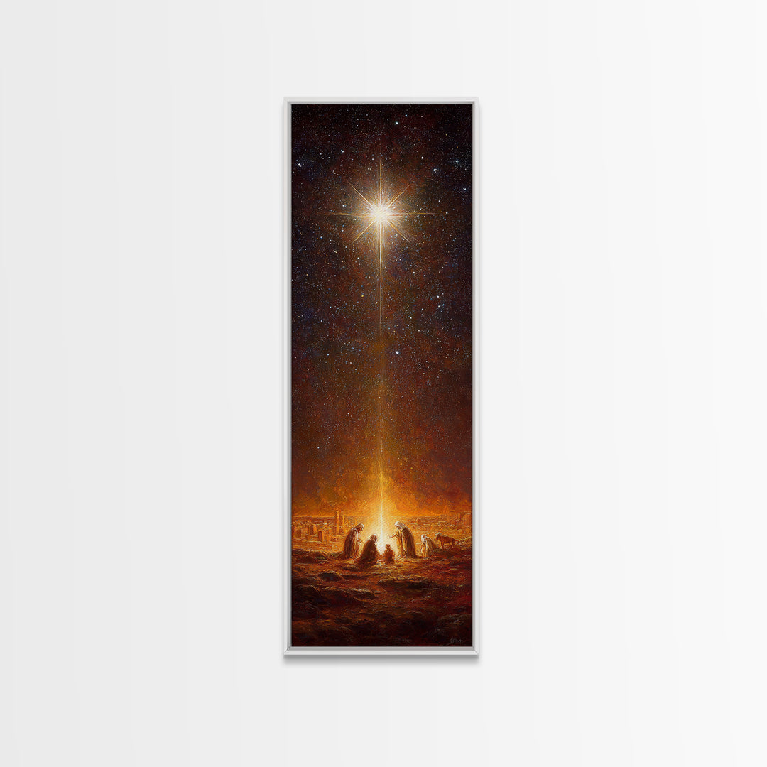 Starlit Holy Night | Framed Canvas Print | Narrow Art | Christian Christmas Art | Jesus Christmas Art | Modern Christian Art
