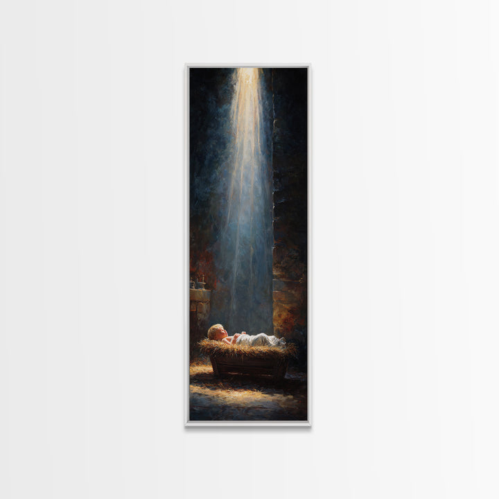 Manger Blessing Light – Framed Canvas Print – Christian Art – Jesus Painting – Christian Christmas Art – Christmas Canvas Wall Art – Skinny