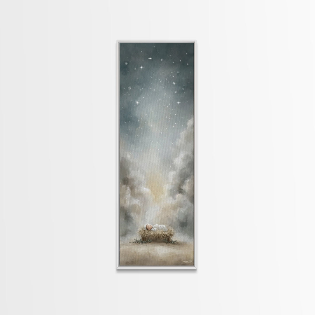 Holy Night Starfall – Framed Canvas Print – Christian Wall Art – Christmas Art – Jesus Painting – Christian Christmas Decor – Tall Skinny A