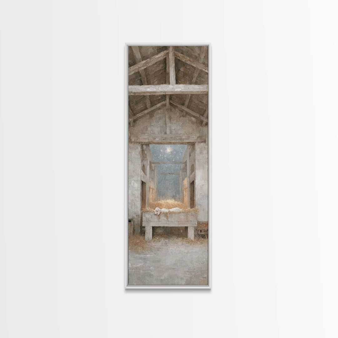 Quiet Manger Peace – Framed Canvas Print – Narrow Art – Christian Wall Art – Christian Art Canvas – Christmas Art – Christian Christmas