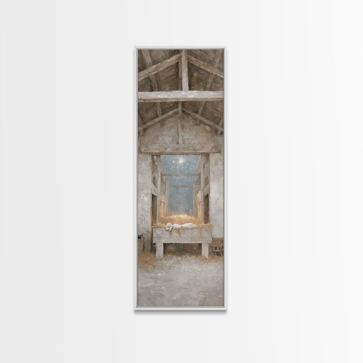 Quiet Manger Peace – Framed Canvas Print – Narrow Art – Christian Wall Art – Christian Art Canvas – Christmas Art – Christian Christmas
