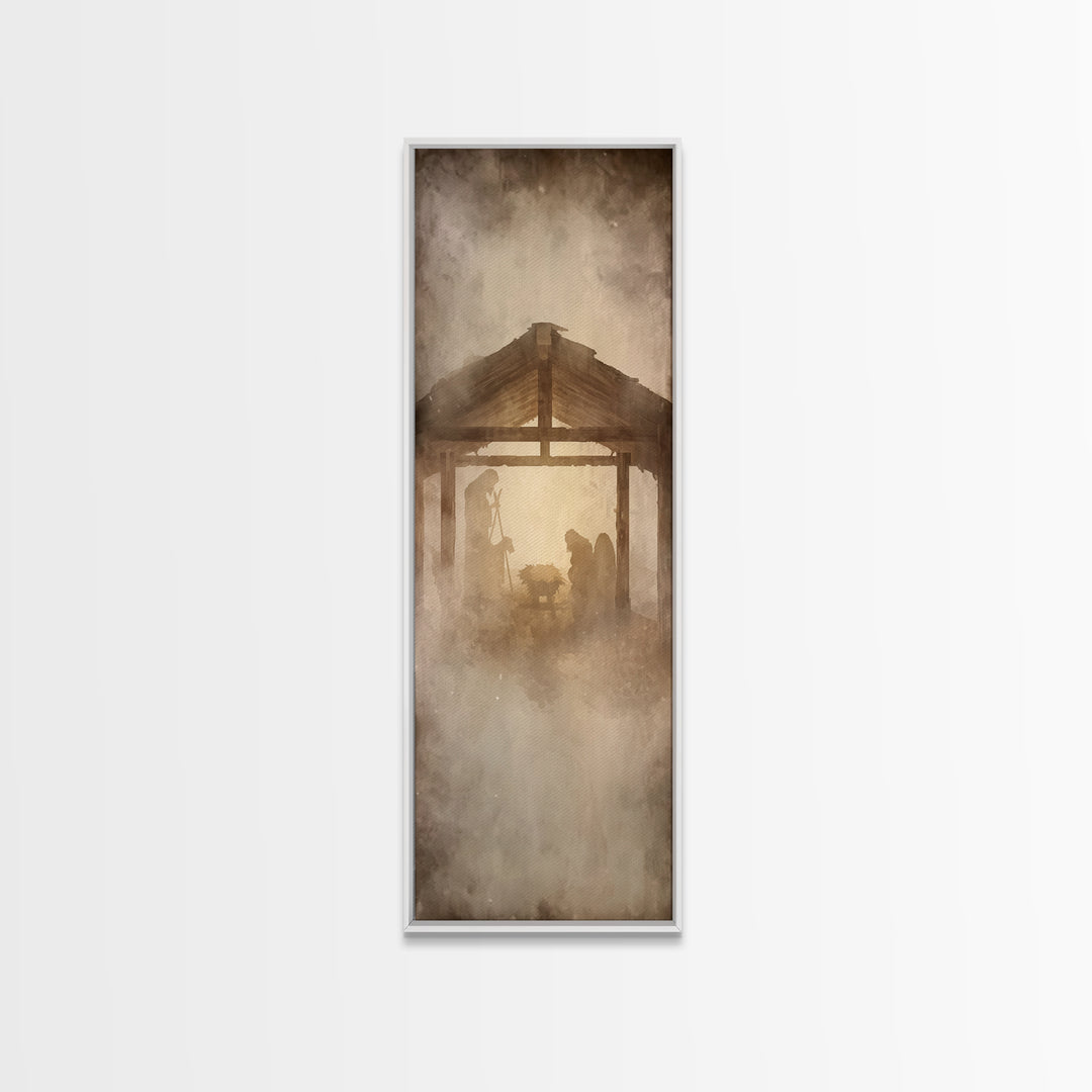 Holy Birth Glow – Framed Canvas Print – Tall Skinny Art Print – Christian Christmas Art – Christian Art Canvas – Jesus Painting – Christian