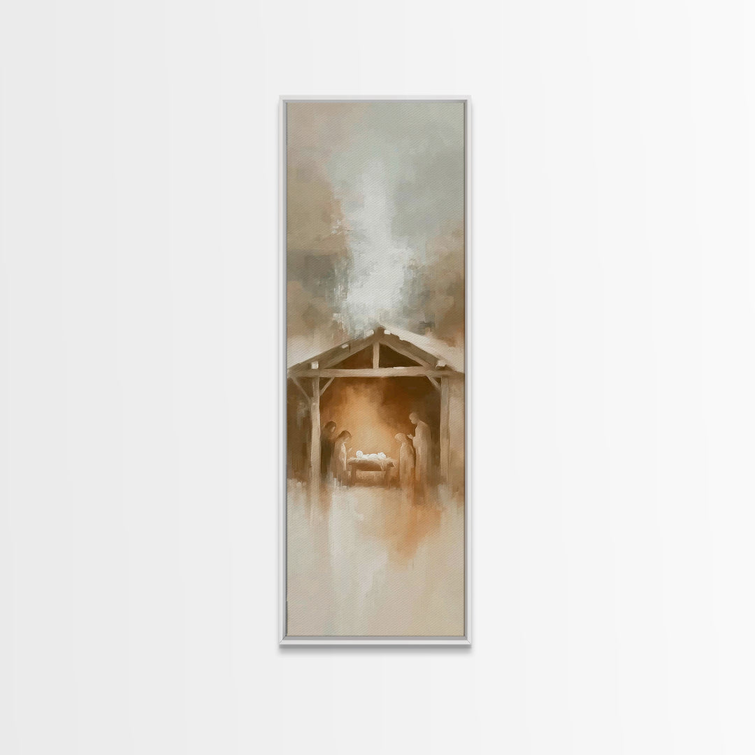 Manger Moon Night – Framed Canvas Print – Narrow Art – Christian Art Canvas – Christmas Art – Jesus Painting – Christian Christmas Art