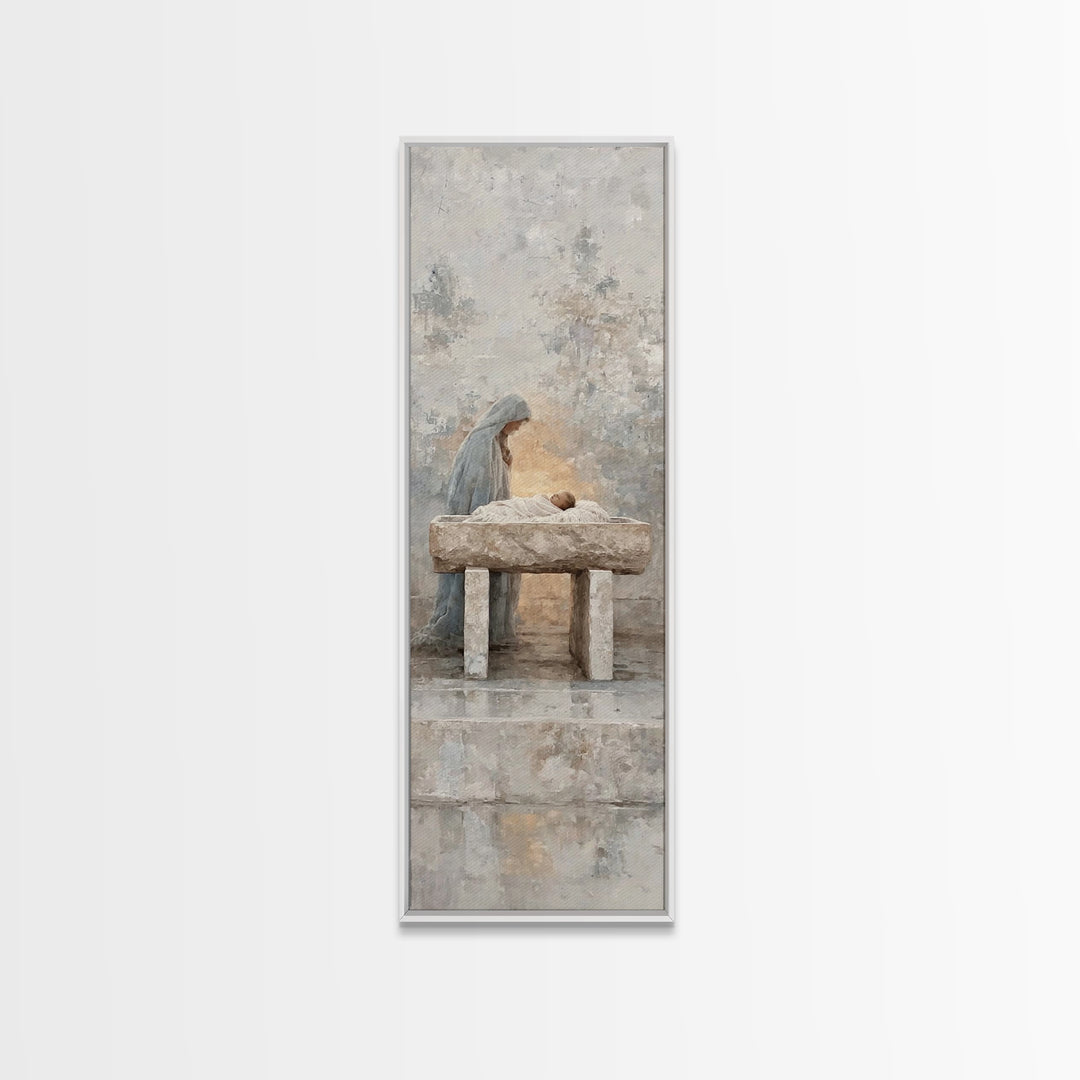 Angelic Nativity Veil – Framed Canvas Print – Tall Narrow Wall Art – Christian Art Canvas – Christian Christmas Art – Jesus Painting – Chri