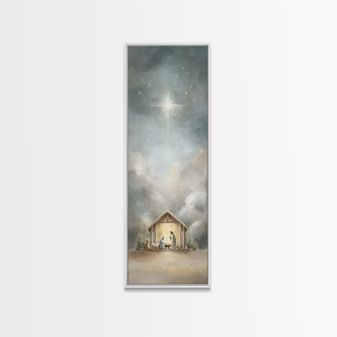 Radiant Stable Peace – Framed Canvas Print – Tall Narrow Wall Art – Christian Art Canvas – Jesus Art – Christian Christmas Art – Jesus Pain