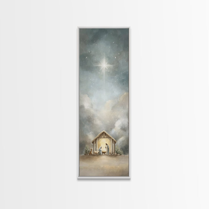 Radiant Stable Peace – Framed Canvas Print – Tall Narrow Wall Art – Christian Art Canvas – Jesus Art – Christian Christmas Art – Jesus Pain