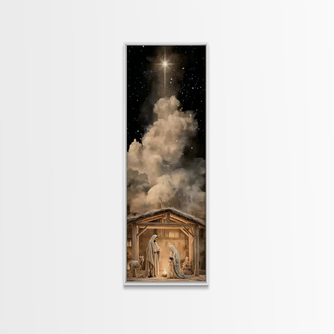 Manger Sky Blessing – Framed Canvas Print – Tall Narrow Wall Art – Christian Art Canvas – Christian Christmas Art – Jesus Art – Jesus Paint