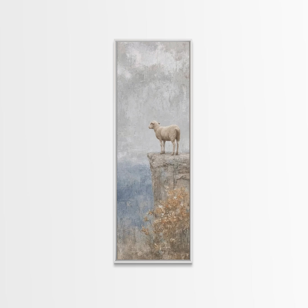 Lone Meadow Lamb, Framed Canvas Print, Christian Art Canvas, Christian Wall Art, Minimalist Christian Art, Skinny Art