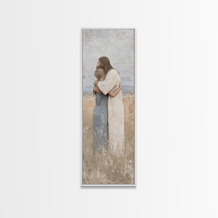 Gentle Savior Hold | Framed Canvas Print | Christian Art Canvas | Christian Wall Art | Jesus Painting | Subtle Christian Art | Narrow Art