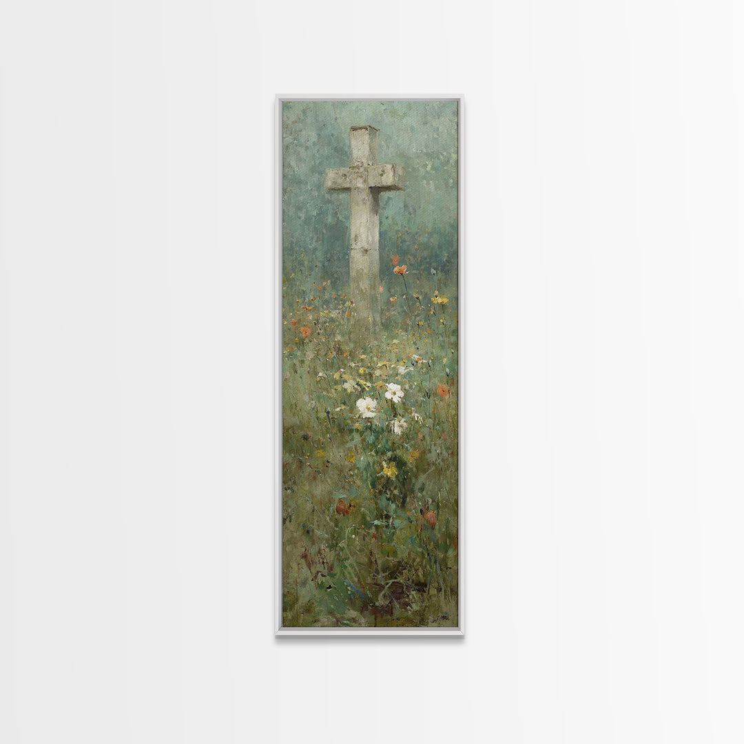 Cross In Bloom, Framed Canvas Print, Christian Art Canvas, Christian Wall Art, Vintage Christian Art, Christian Painting, Tall Narrow Wall