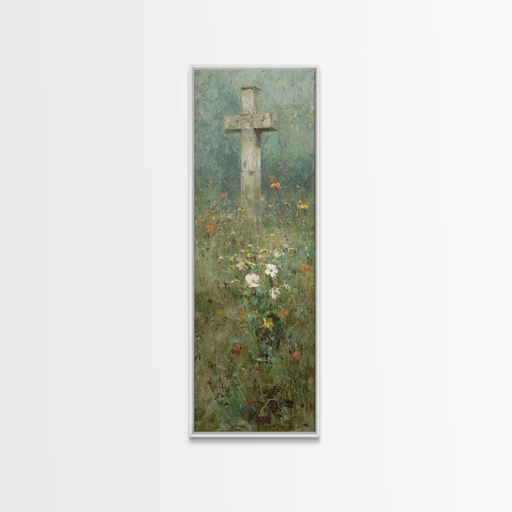 Cross In Bloom, Framed Canvas Print, Christian Art Canvas, Christian Wall Art, Vintage Christian Art, Christian Painting, Tall Narrow Wall