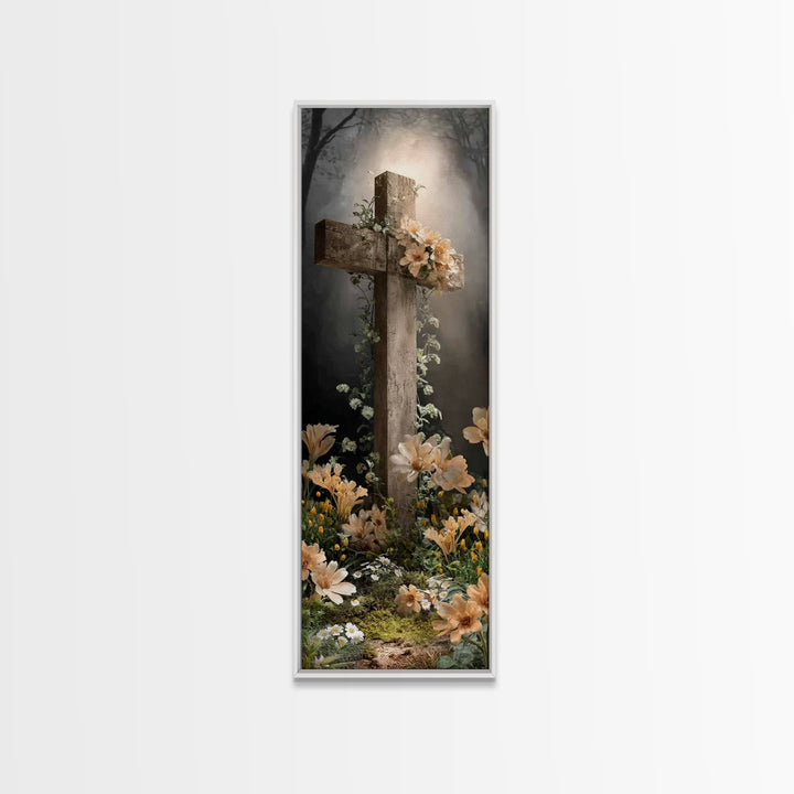 Radiant Cross Garden – Framed Canvas Print – Christian Art Canvas – Christian Wall Art – Christian Painting – Modern Christian Art – Skinny