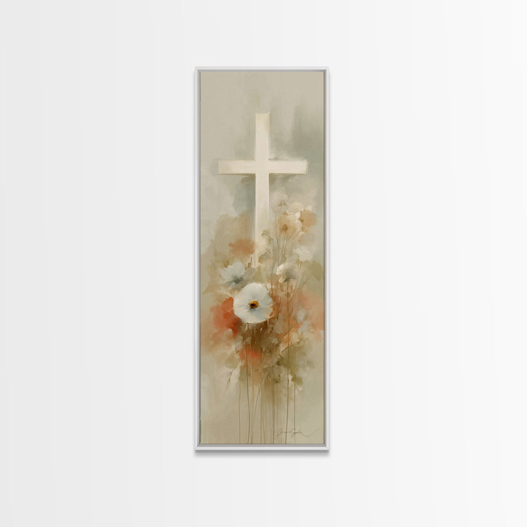 Soft Cross Blossoms | Framed Canvas Print | Christian Art | Christian Art Canvas | Christian Wall Art | Subtle Christian Art | Narrow Art