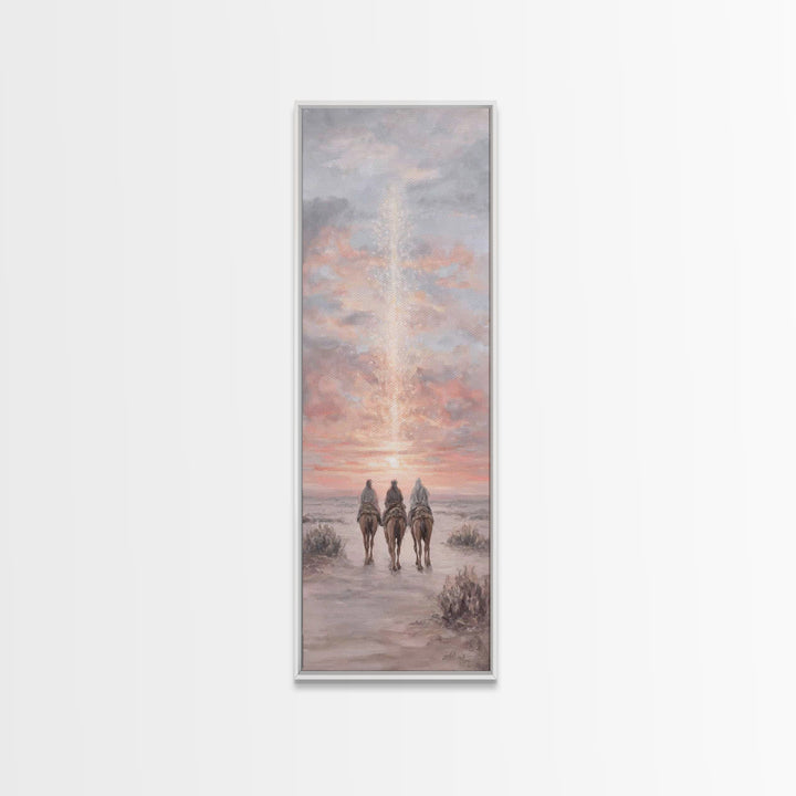Rose Dawn Pilgrims – Framed Canvas Print – Christian Christmas Art – Skinny Art – Christian Wall Art – Christian Art Canvas