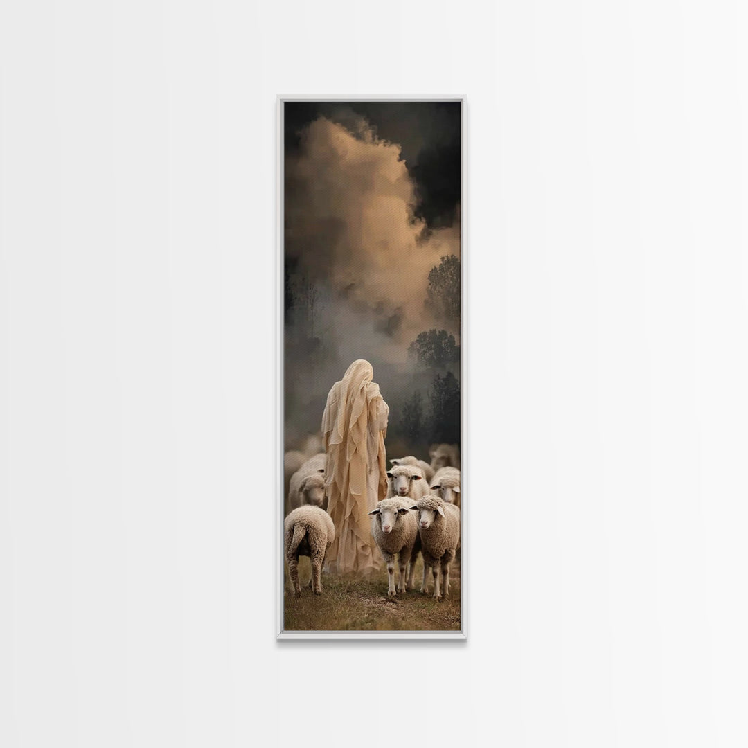 Shepherd’s Nightfall – Framed Canvas Print – Narrow Art – Christian Art Canvas – Jesus Painting – Christian Wall Art – Modern Christian Art