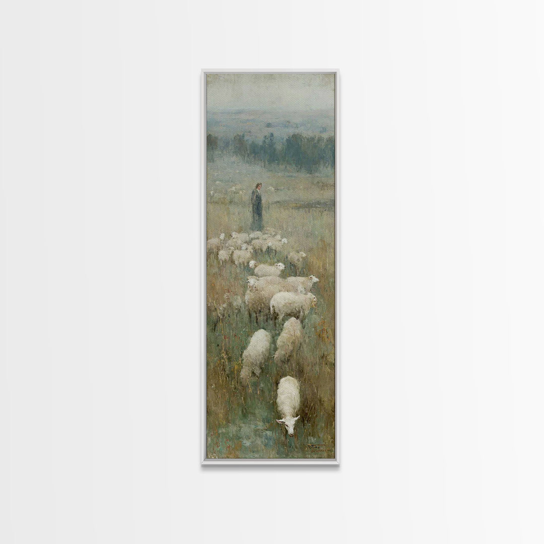 Pastoral Dawn Grace – Framed Canvas Print – Tall Narrow Wall Art – Christian Art Print – Christian Wall Art – Jesus Painting – Moody Christ