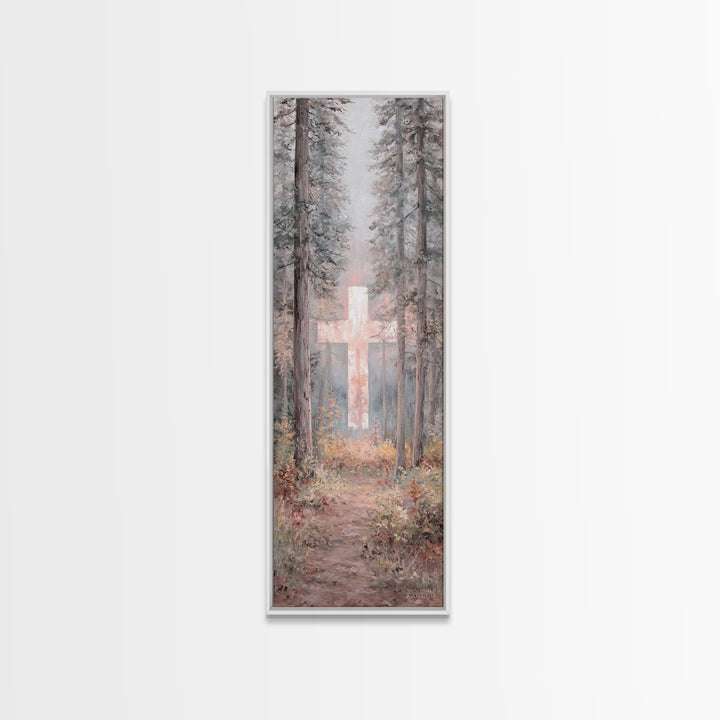 Forest Cross Glow – Framed Canvas Print – Narrow Art – Christian Wall Art – Christian Art Canvas – Christmas Art – Modern Christian Art – C