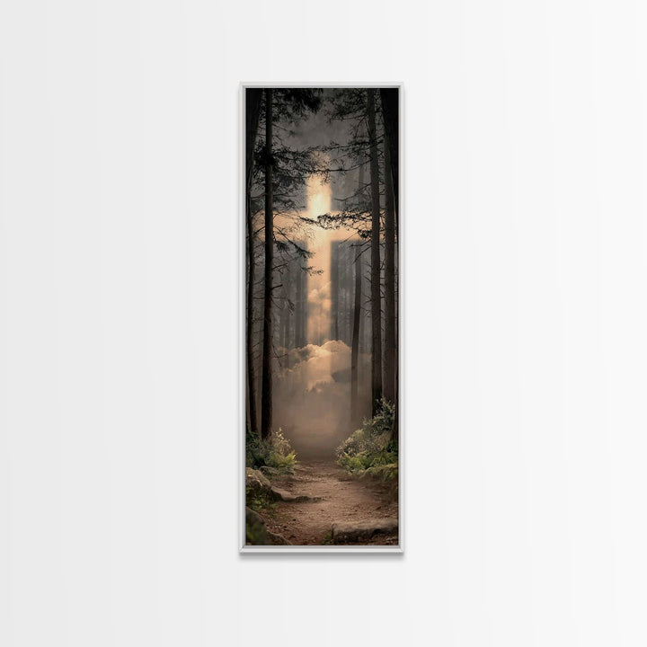 Radiant Forest Path, Framed Canvas Print, Tall Skinny Art Print, Christian Art, Jesus Painting, Christian Canvas Art, Christmas Art, Christ