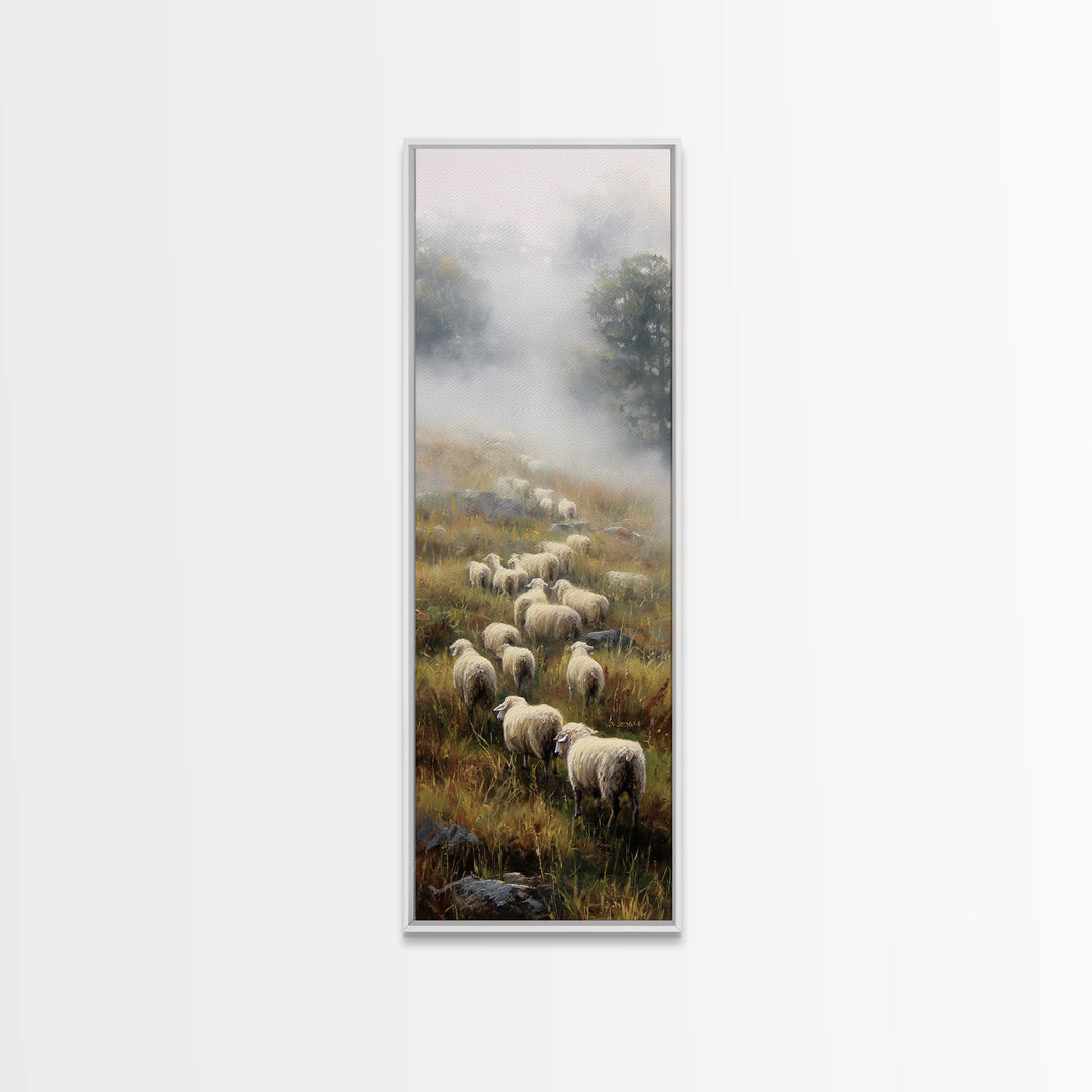 Misty Hills Flock – Framed Canvas Print – Christian Art Canvas – Christian Wall Art – Pastoral Scenery – Moody Christian Art – Christmas Ar
