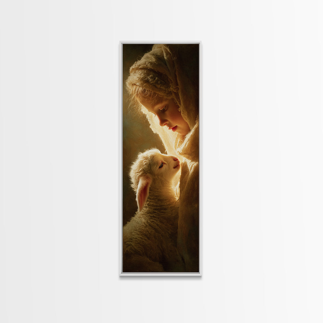 Tender Light, Framed Canvas Print, Tall Narrow Wall Art, Christian Wall Art, Christian Art Canvas, Jesus Painting, Christmas Art