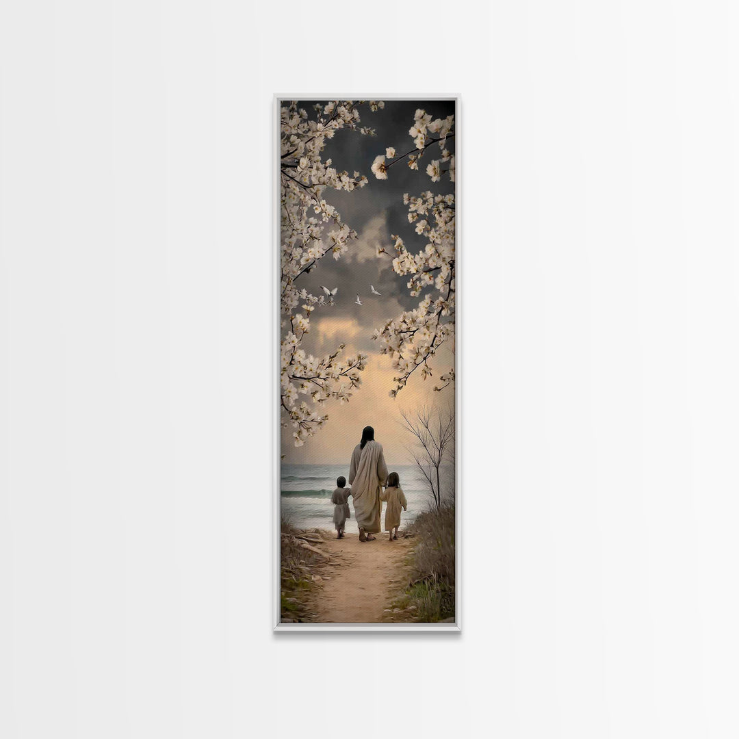 Blossoms Of Promise, Framed Canvas Print, Tall Skinny Art Print, Christian Wall Art, Jesus Painting, Christian Art Canvas, Christian Decor