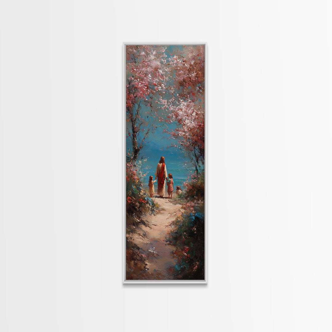Soft Meadow Journey | Framed Canvas Print | Tall Narrow Wall Art | Christian Art Canvas | Christian Wall Art | Jesus Painting | Christian D