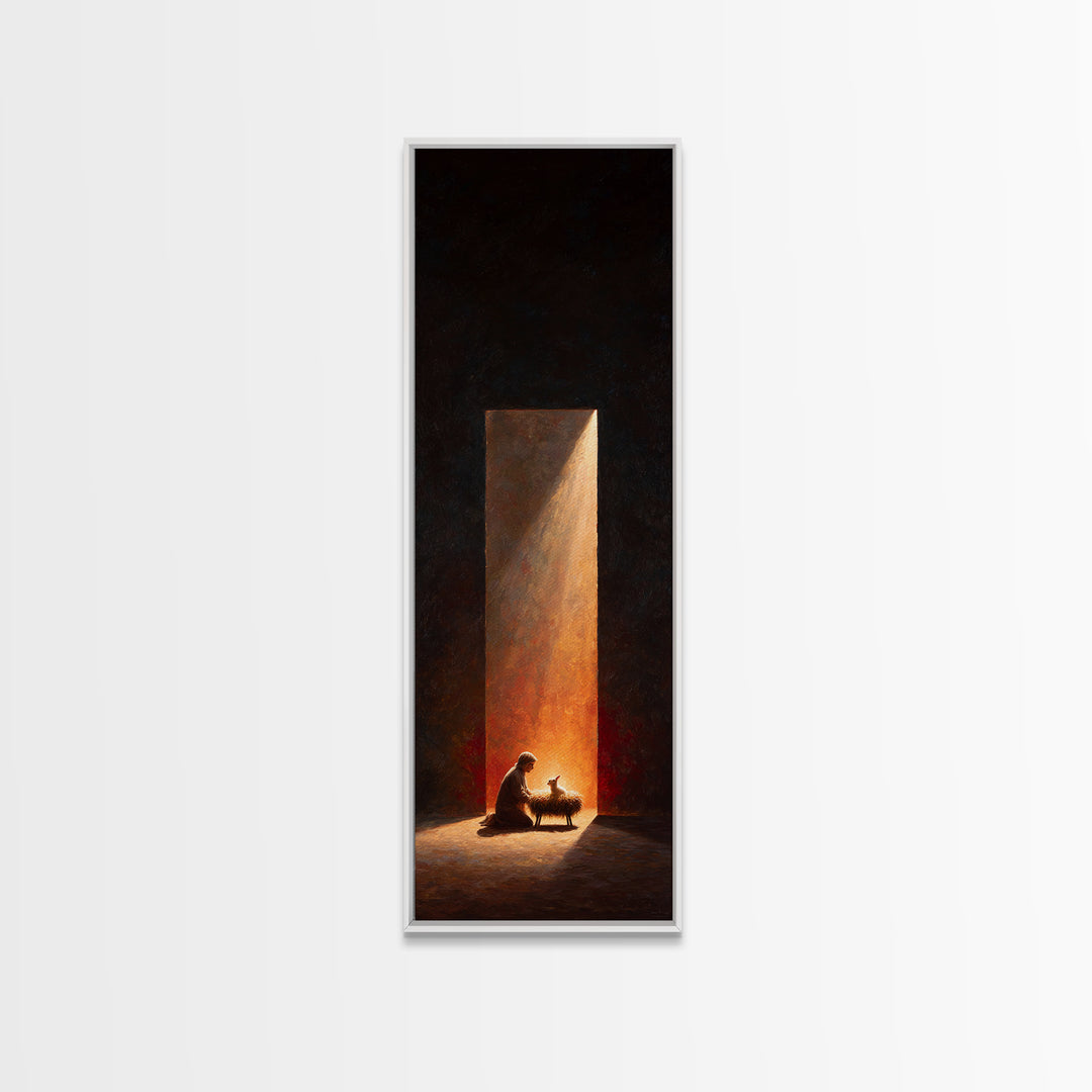 Sacred Manger Glow – Framed Canvas Print – Christmas Wall Art – Tall Skinny Art Print – Christian Art – Jesus Painting – Christian Art Gift