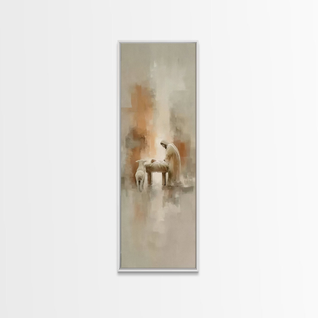 Humble Manger Peace – Framed Canvas Print – Christian Wall Art – Tall Narrow Wall Art – Christian Art Print – Christmas Art – Jesus Paintin
