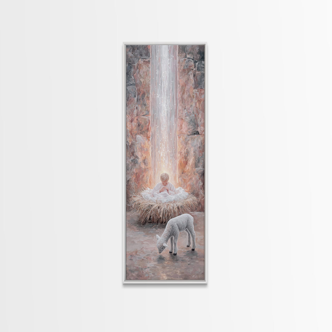 Heavenly Child Light – Framed Canvas Print – Christian Christmas Art – Narrow Art – Jesus Painting – Christian Wall Art – Christmas Canvas
