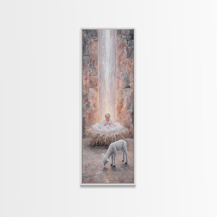 Heavenly Child Light – Framed Canvas Print – Christian Christmas Art – Narrow Art – Jesus Painting – Christian Wall Art – Christmas Canvas