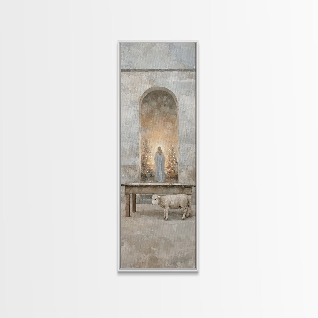 Sacred Hall Nativity – Framed Canvas Print – Christian Art Canvas – Tall Skinny Art Print – Christian Wall Art – Christmas Art – Jesus Pain