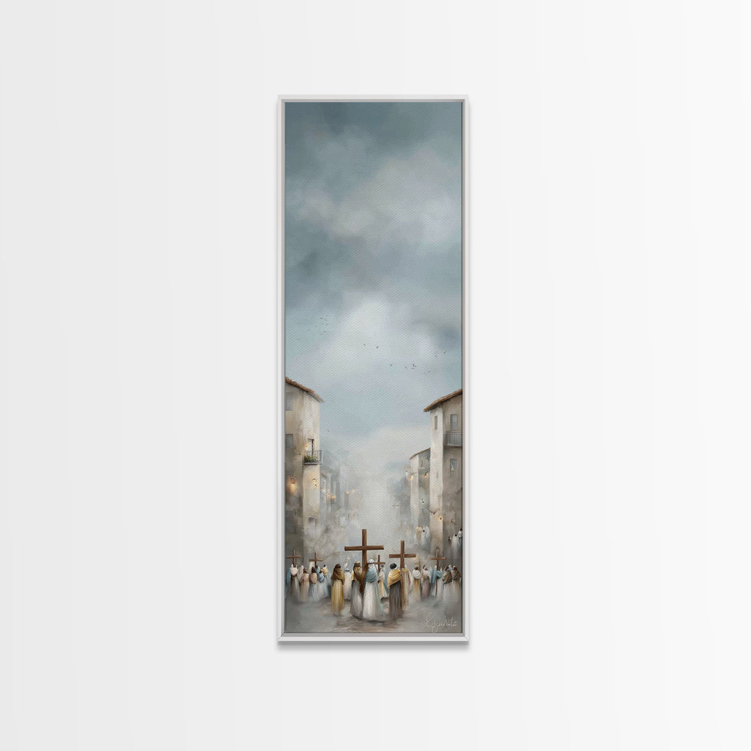 Pilgrims At Dawn – Framed Canvas Print – Narrow Art – Christian Art Work – Christian Christmas Art – Subtle Christian Art