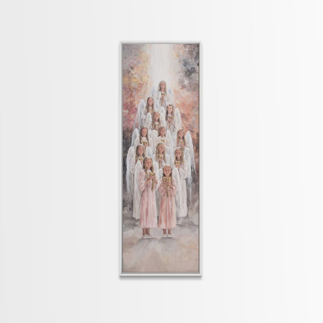 Stairway Of Angels – Framed Canvas Print – Skinny Art – Christian Art Print – White Christmas Art – Christian Decor For Home