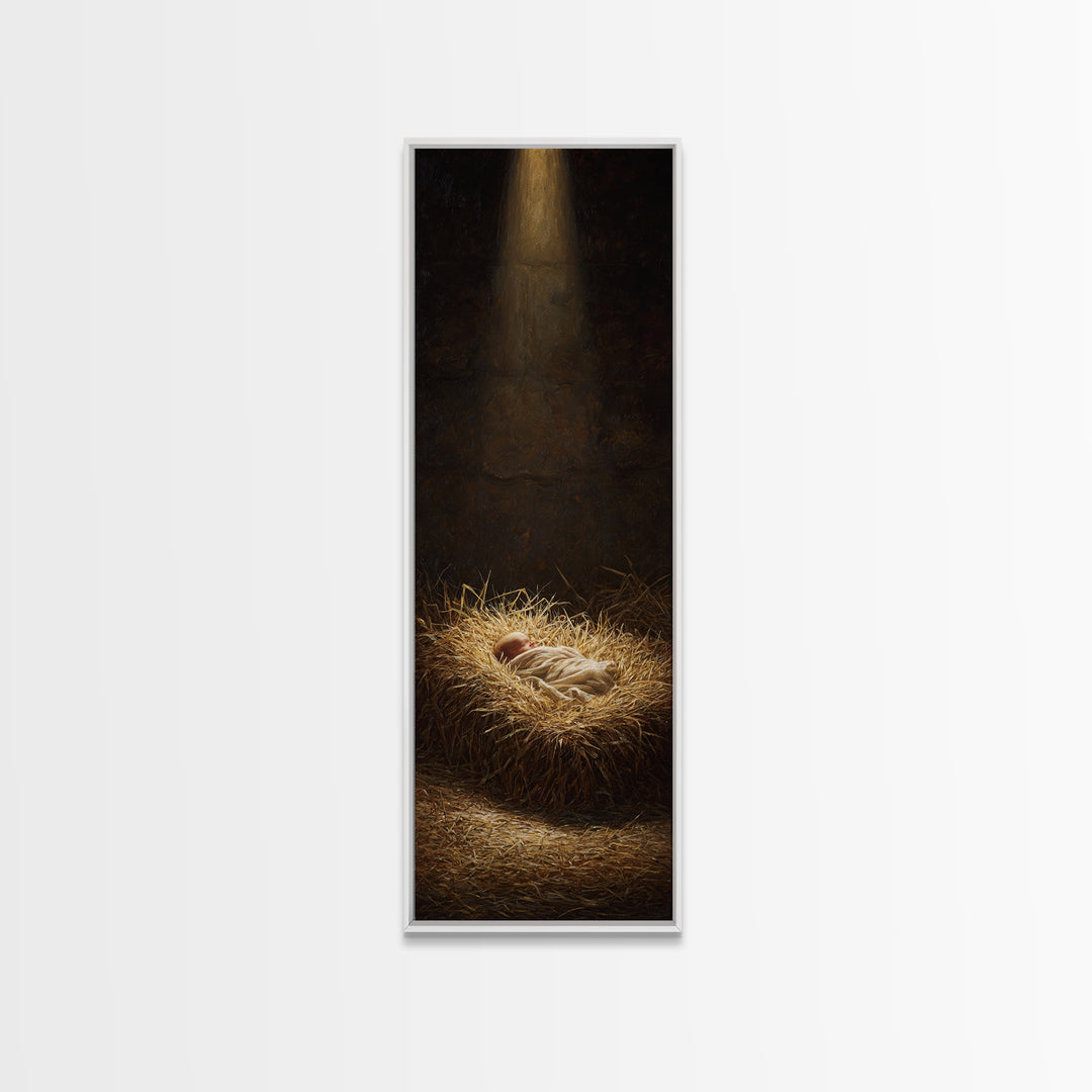 Holy Night Cradle – Framed Canvas Print – Christmas Art – Christian Christmas Art – Christian Art Canvas – Skinny Art – Christian Wall Art