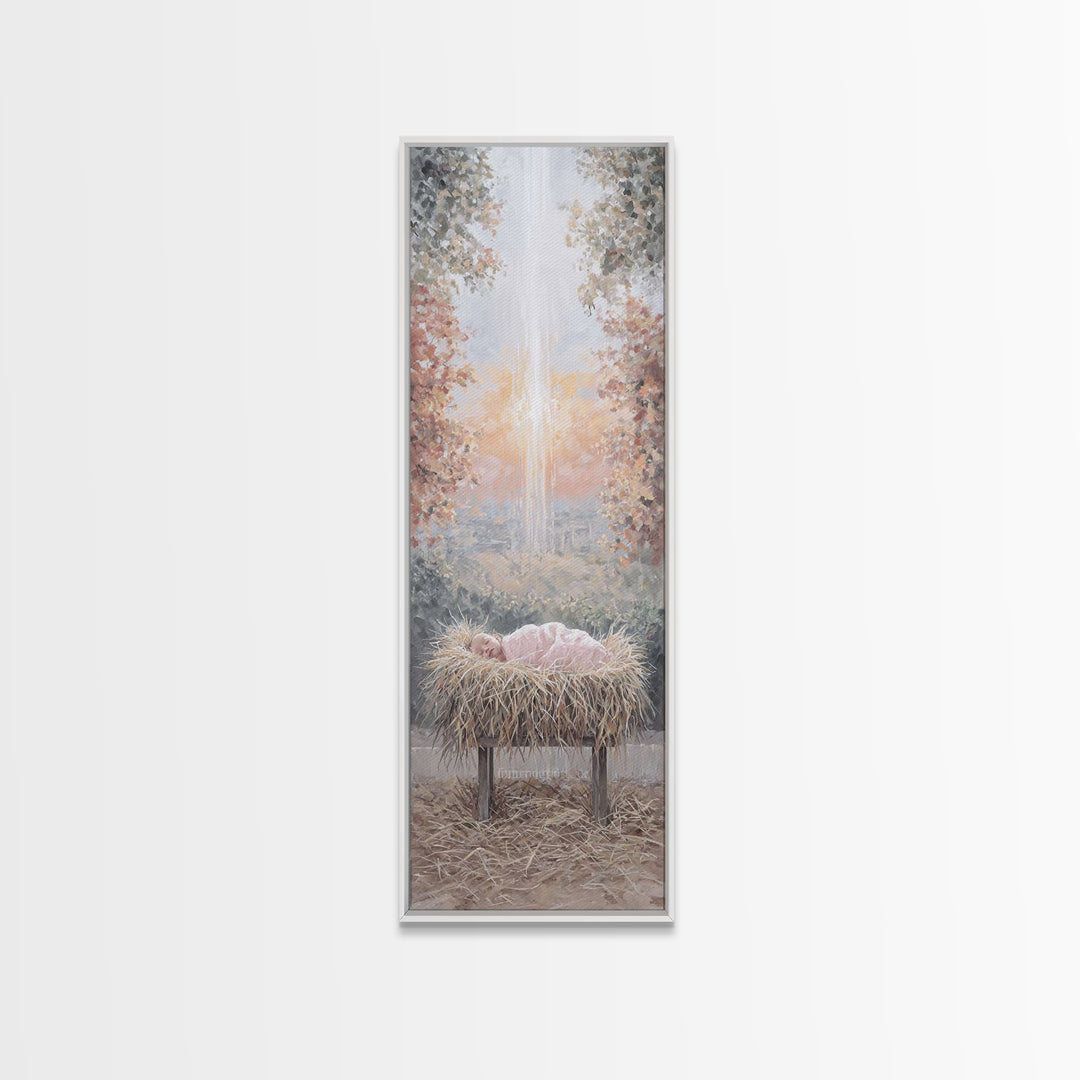 Sacred Birth Glow – Framed Canvas Print – Christian Christmas Art – Christian Wall Art – Christmas Art Canvas – Skinny Art – Christian Art