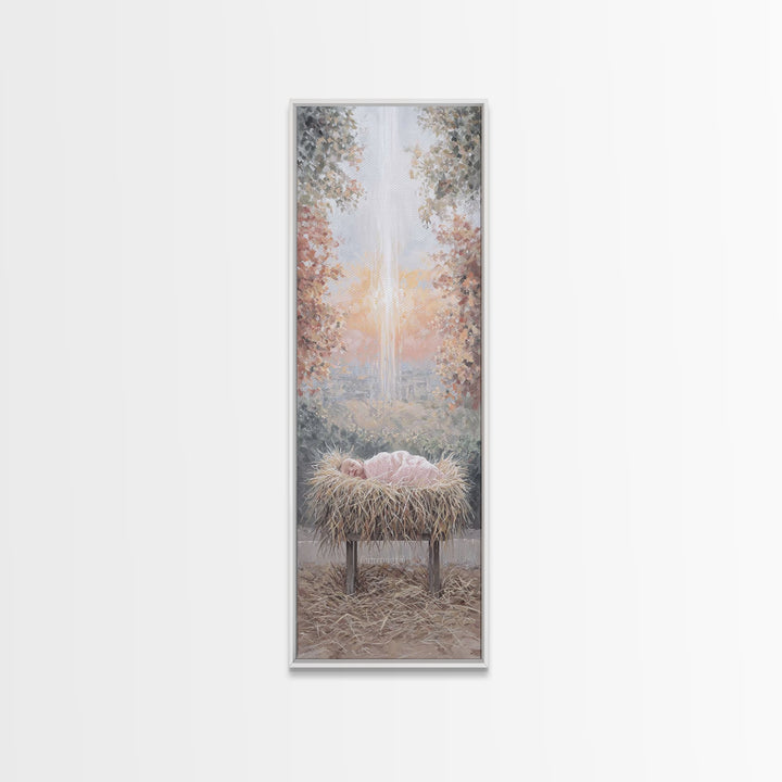 Sacred Birth Glow – Framed Canvas Print – Christian Christmas Art – Christian Wall Art – Christmas Art Canvas – Skinny Art – Christian Art