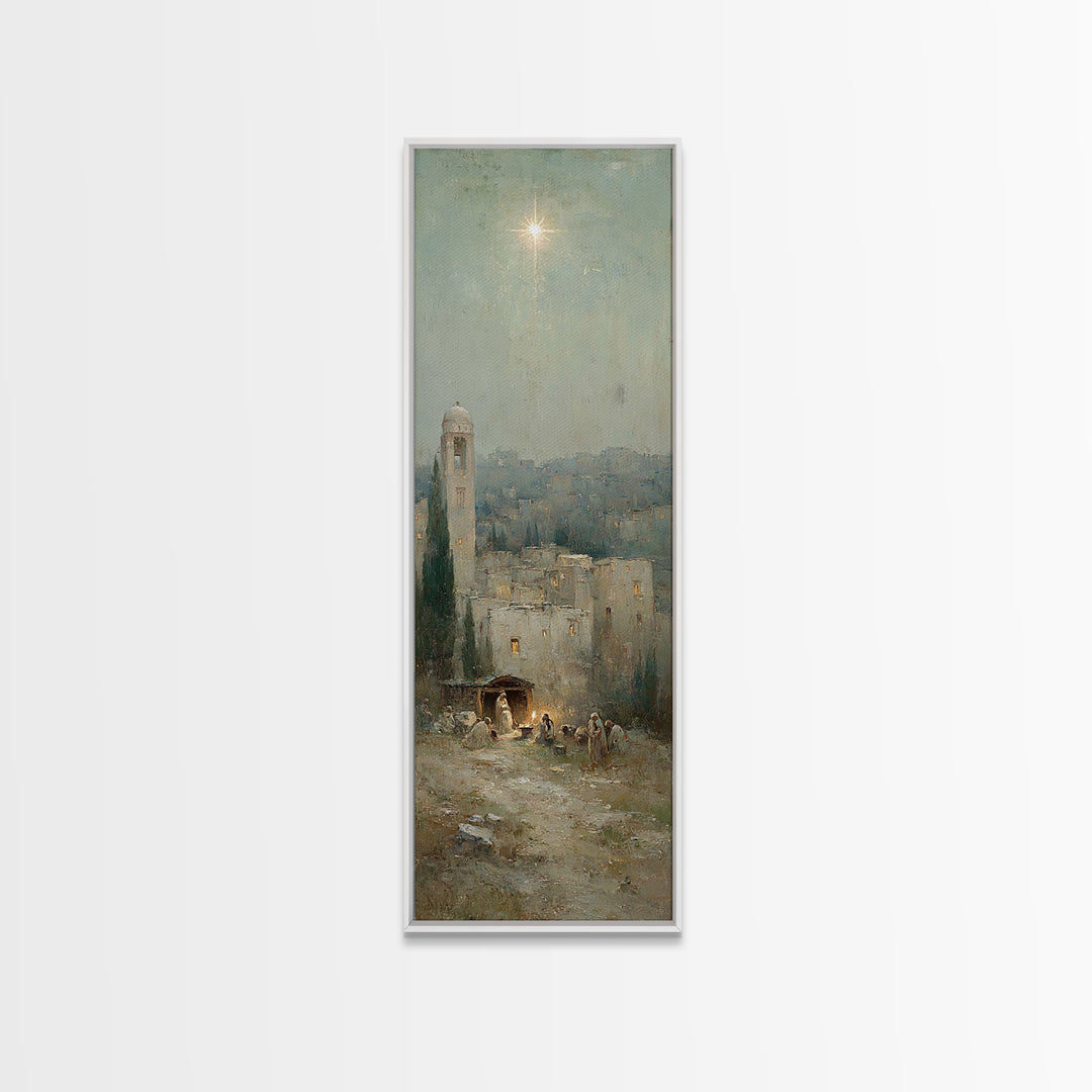 Manger Promise – Framed Canvas Print – Christian Wall Art – Christmas Art – Christian Art Canvas – Tall Narrow Wall Art – Christian Christm
