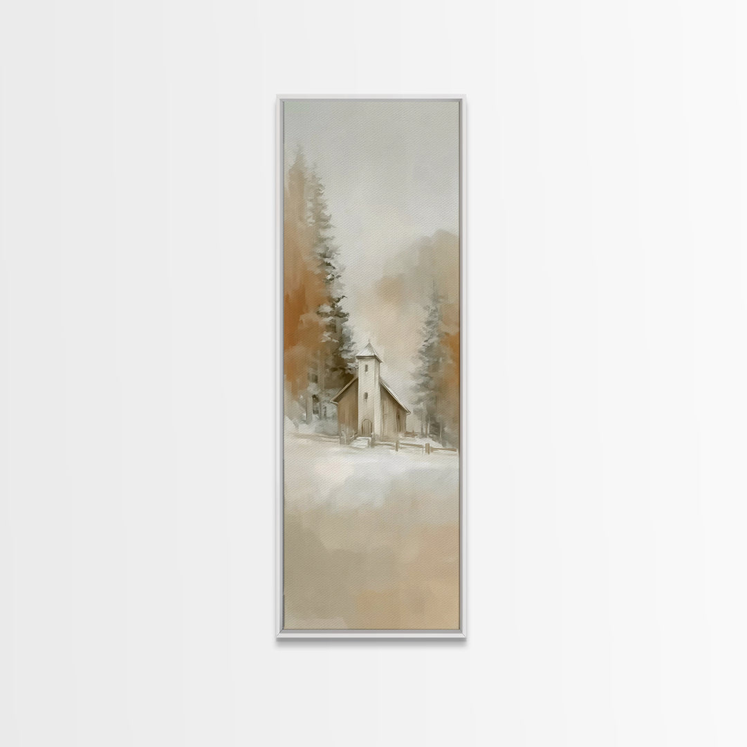 Snowy Chapel Peace – Framed Canvas Print – Christian Wall Art – Christian Art – Christmas Art – Tall Narrow Wall Art – Christian Decor