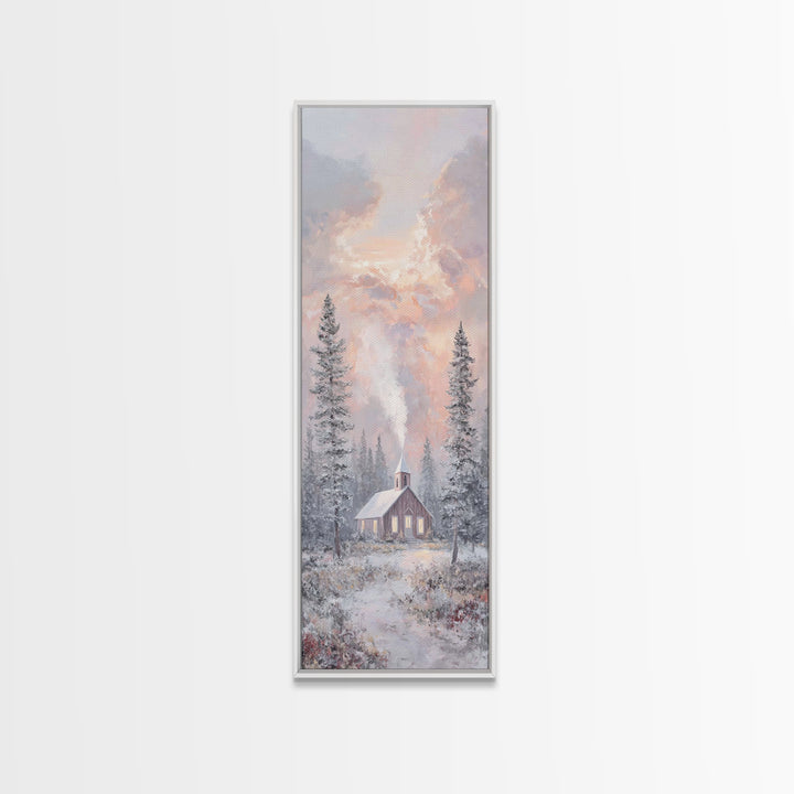 Frosted Dawn Chapel – Framed Canvas Print – Christian Art – Christian Wall Art – Tall Skinny Art Print – Christmas Art – Christian Art Canv