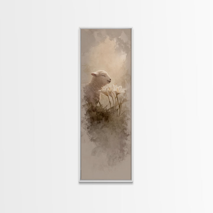 Blooming Lamb Hope – Framed Canvas Print – Christian Painting – Christian Wall Art – Tall Narrow Wall Art – Christian Art Canvas – Faith Ar