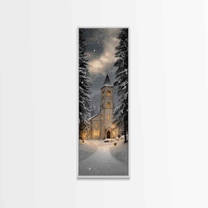 Snowfall Chapel Light – Framed Canvas Print – Tall Narrow Wall Art – Christian Wall Art – Christmas Art – Christian Christmas Décor – Moder