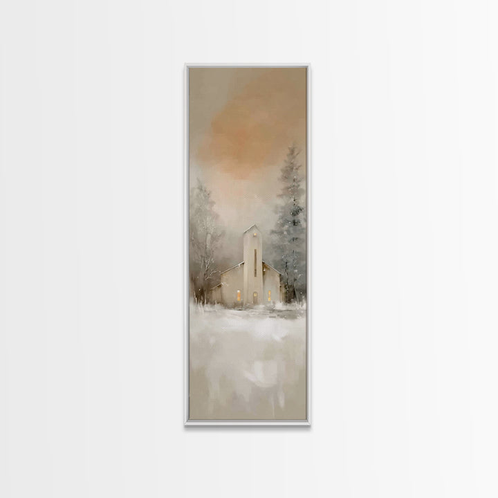 Evening Chapel Calm, Framed Canvas Print, Skinny Art, Christian Wall Art, Christian Christmas Art, Christmas Art Work, Framed Christian Art