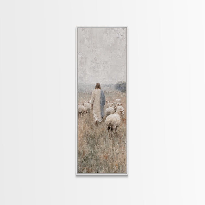 Fields Of His Care, Framed Canvas Print, Skinny Art, Jesus Wall Art, Christian Art Canvas, Christian Painting, Large Jesus Painting