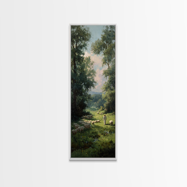 Morning Shepherd Peace – Framed Canvas Print – Christian Art Print – Modern Christian Art – Tall Narrow Wall Art – Jesus Canvas Art